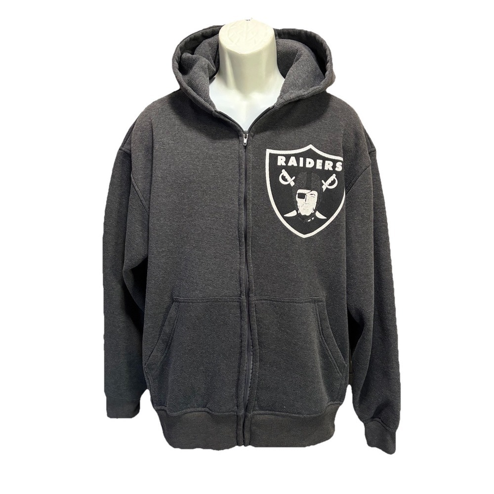 Pro Champ‎ NFL Raiders Graphic Logo Zip Up Hooded Jacket Size Large Pockets